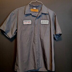 Novelty Work Shirt Porn Star I Do All My Own Stunts Charcoal Men XL Button Up